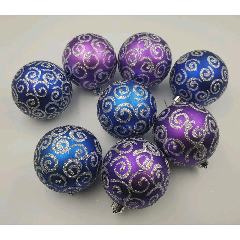 8pc Christmas Tree Ornaments Shatterproof‎ Purple Blue Silver Glitter Swirl Ball